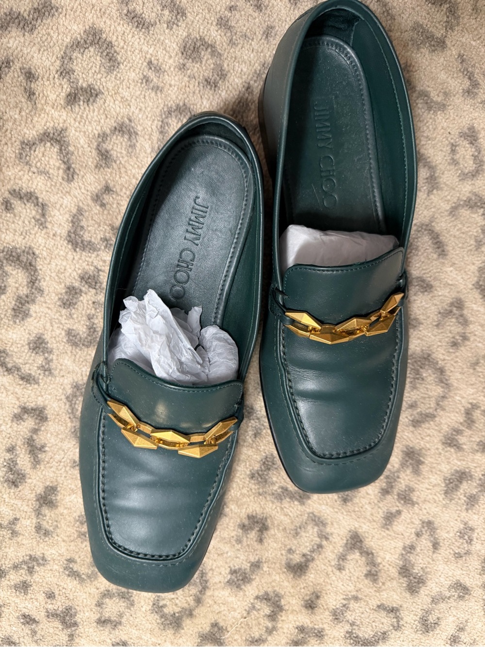 Jimmy Choo women’s Emerald Green Leather Loafers with Gold Chain Detail